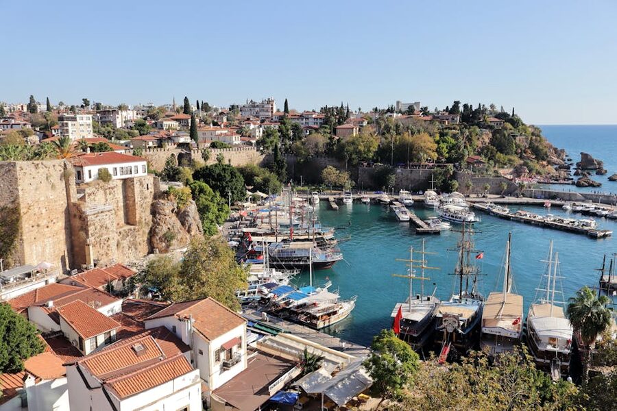 Aerial view of Antalya old town historic harbor with yachts