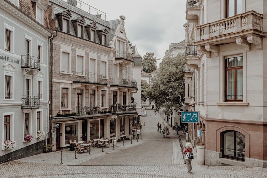 Cobblestone street with classic European architecture in Baden-Baden old town