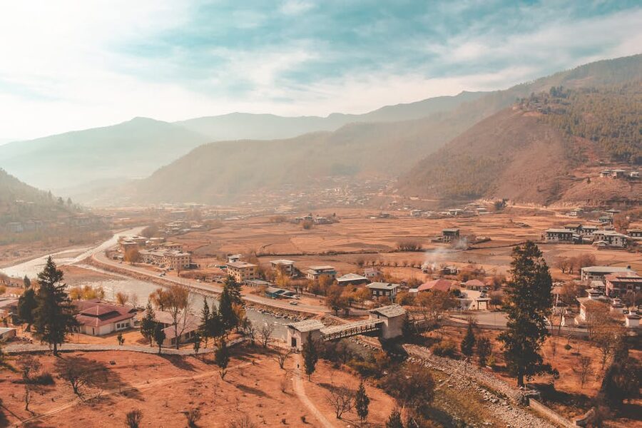 Aerial view of a Bhutanese valley with traditional houses