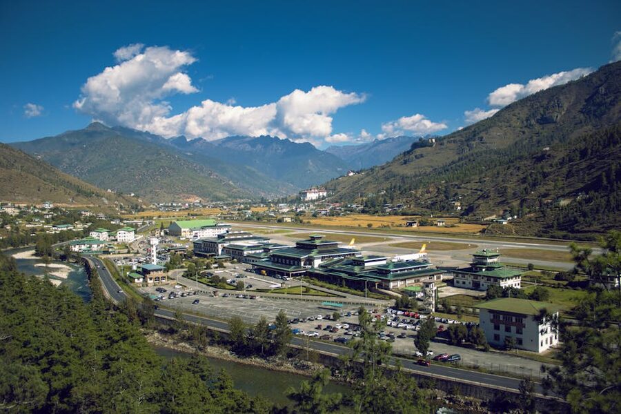 Paro International Airport set in the Bhutanese mountains