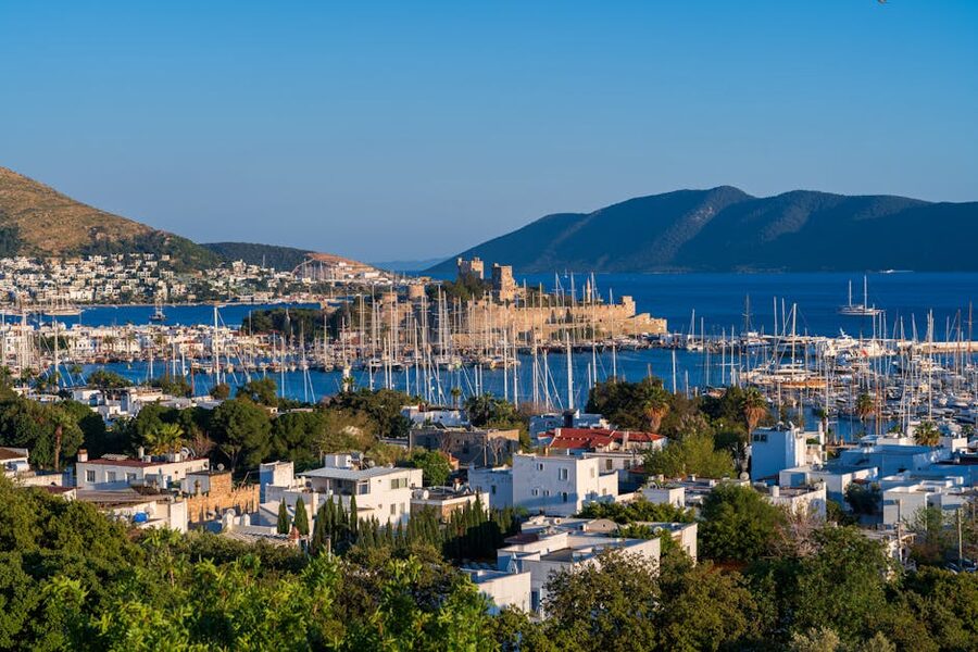 Bodrum Castle overlooking the marina and cityscape, Turkey