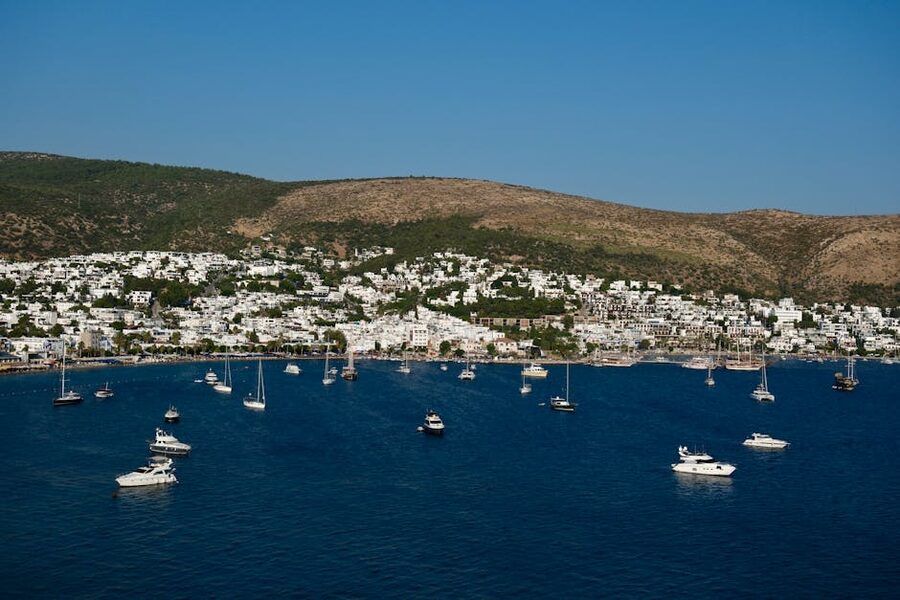 Aerial view of Bodrum harbor with boats and whitewashed buildings