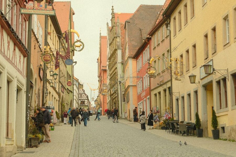 Cobbled street in Rothenburg ob der Tauber with half-timbered houses
