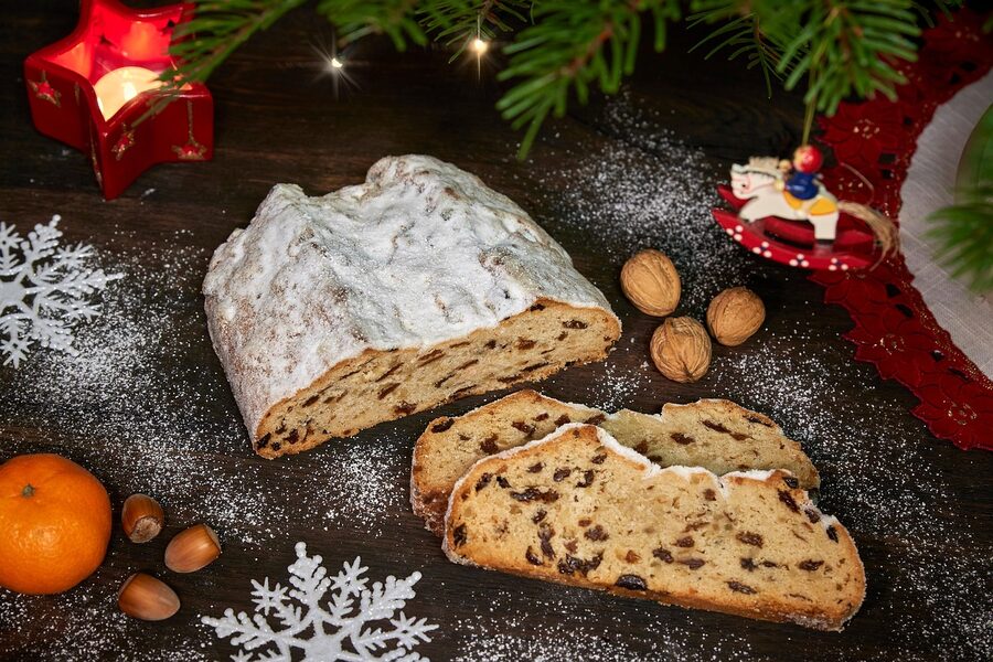 Slice of Dresden Christstollen with powdered sugar dusting