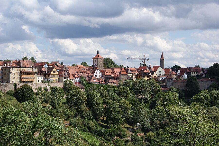 Rothenburg ob der Tauber medieval town with red roofs and city wall in winter