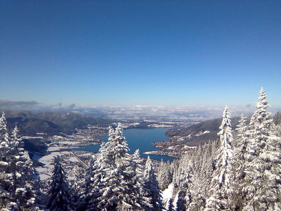 Lake Tegernsee in winter with snow on the surrounding Bavarian Alps