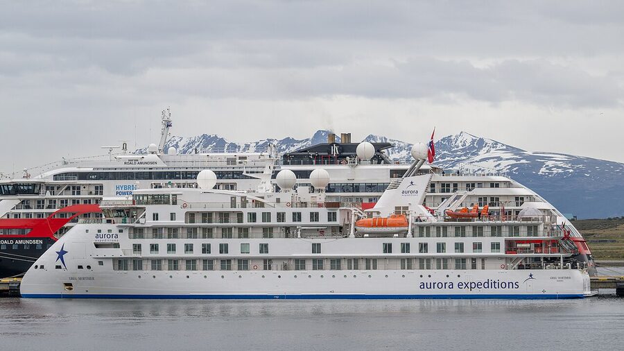 Aurora Expeditions Greg Mortimer ship showing the distinctive Ulstein X-Bow design