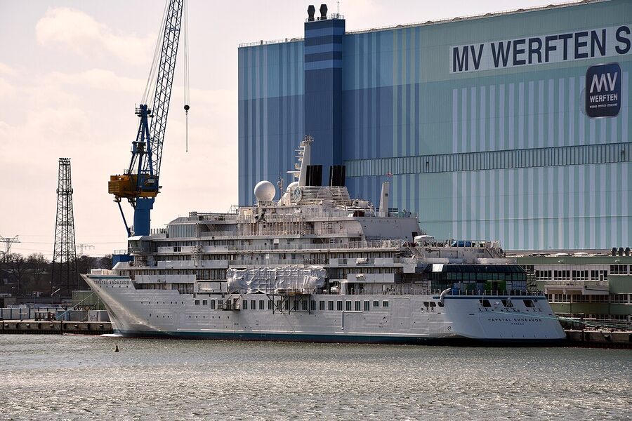 The hull originally built as Crystal Endeavor, now operating as Silversea Silver Endeavour, at MV Werften shipyard
