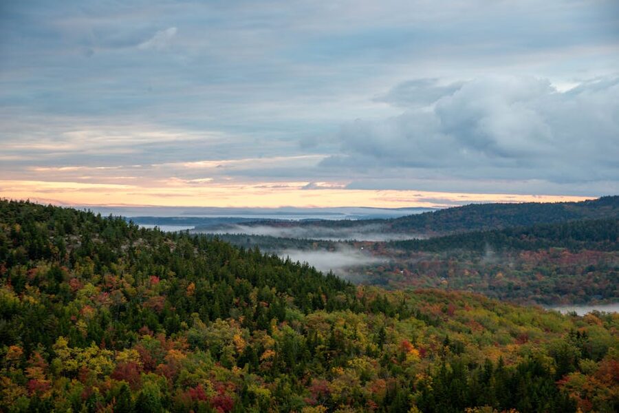 Acadia National Park autumn foliage with mist over the hills