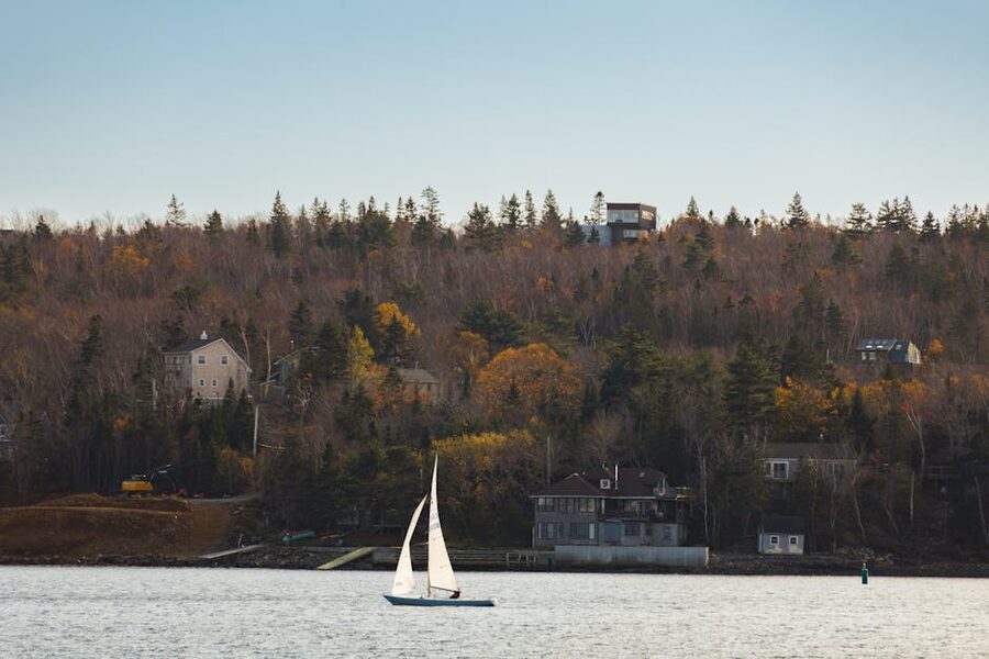 Sailboat on Halifax Harbour with autumn foliage on the hills above