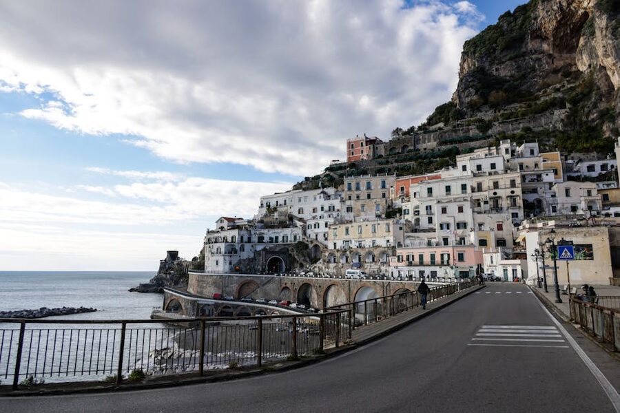 A village along the Amalfi Coast with Mediterranean architecture and sea views