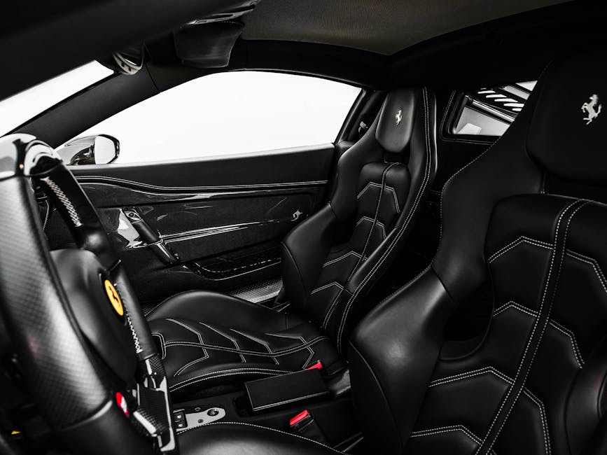 Black leather interior and dashboard of a Ferrari sports car