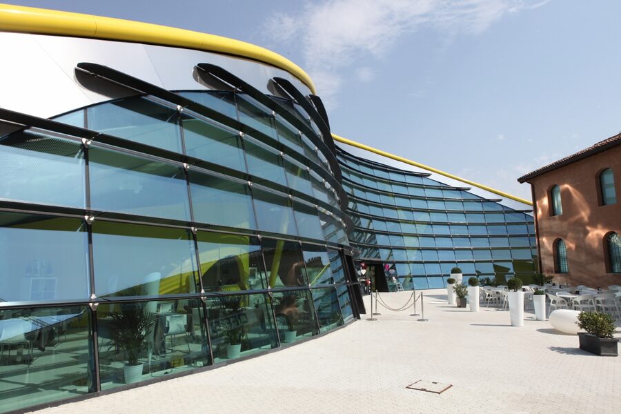The yellow Museo Casa Enzo Ferrari building in Modena