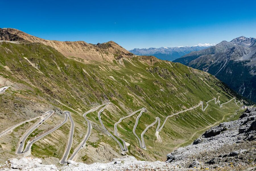 Aerial view of the winding Stelvio Pass cutting through the Italian Alps