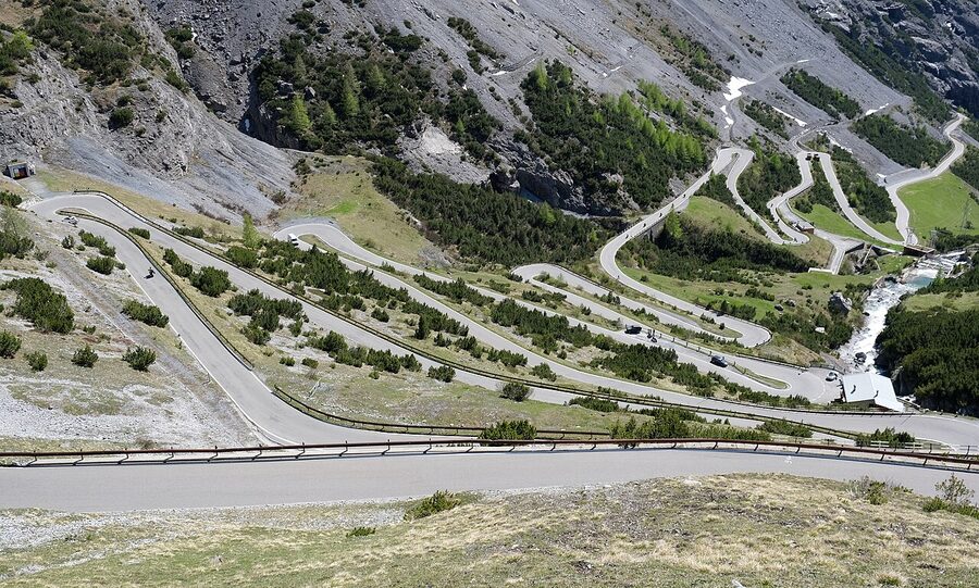 The western ramp of the Stelvio Pass on the Bormio side