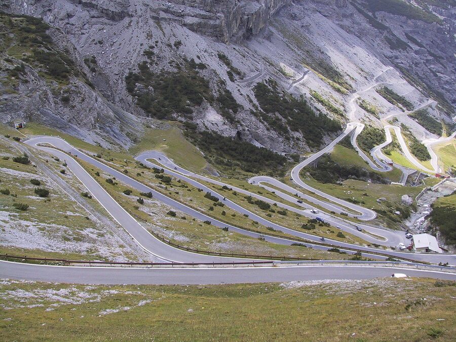 The numbered hairpin turns of the Stelvio Pass on the Bolzano side