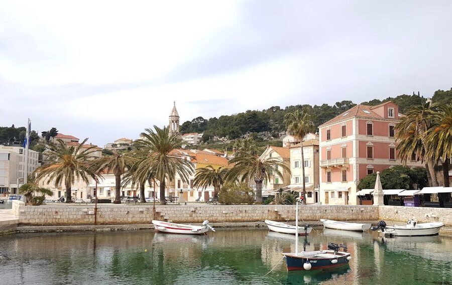 Hvar harbor with boats and palm trees, Croatia