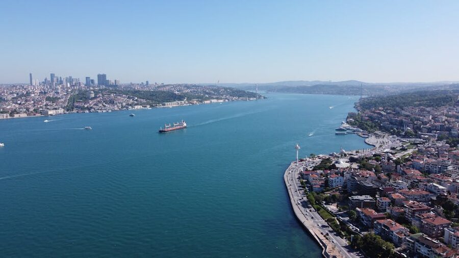 Aerial view of the Bosphorus Strait separating European and Asian sides of Istanbul