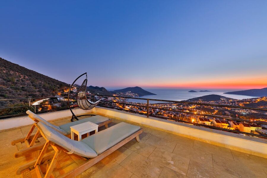 Terrace with a view of the Mediterranean and islands at sunset, Kalkan