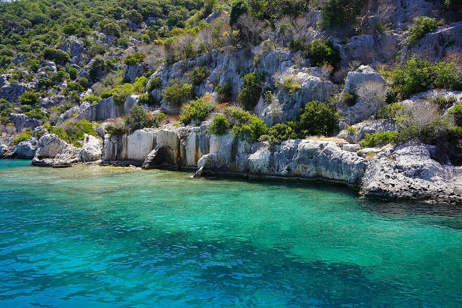 Sunken Lycian city ruins in the clear water at Kekova