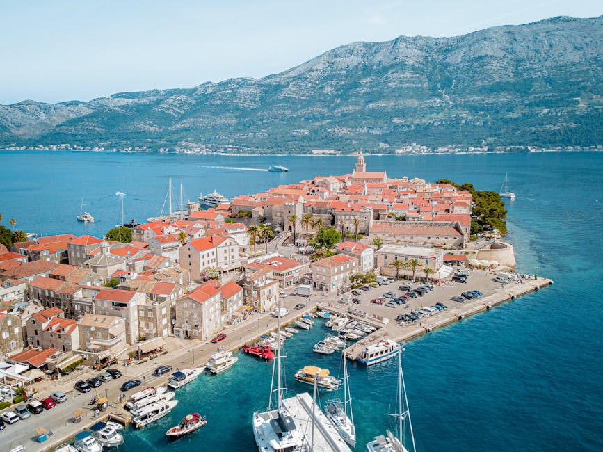 Aerial view of Korcula old town and marina, Croatia
