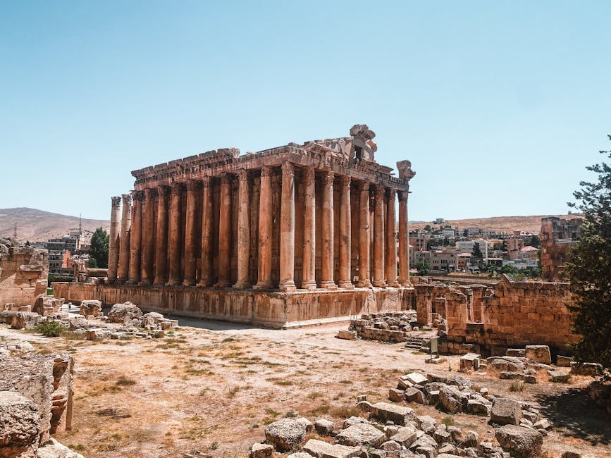 The towering Roman columns of the Temple of Jupiter at Baalbek, Lebanon