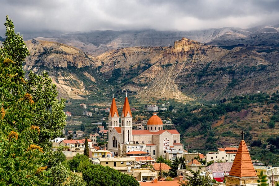 Mountain village in the Bekaa Valley, Lebanon, with a Maronite church and surrounding hills