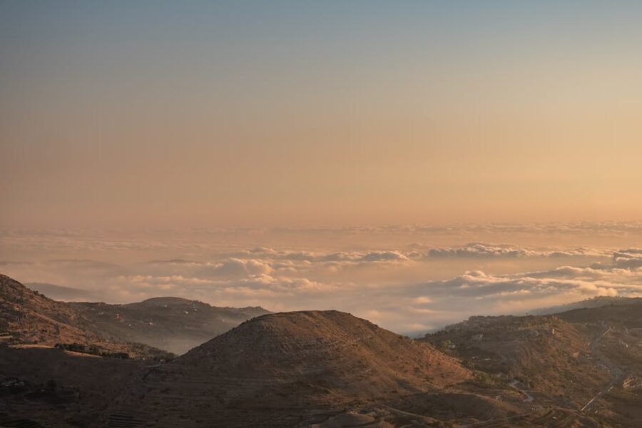 Faraiya mountains in Lebanon with sea of clouds at sunset