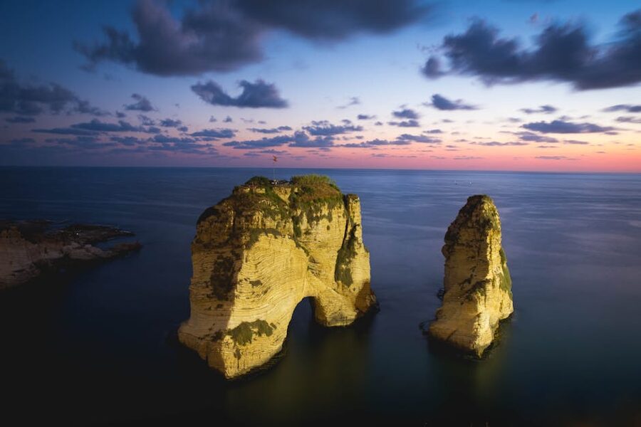 Pigeon Rocks at Raouché during sunset in Beirut