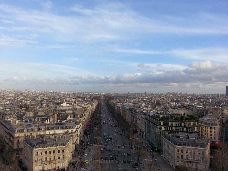 Aerial view of the Avenue des Champs-Elysees stretching west across Paris