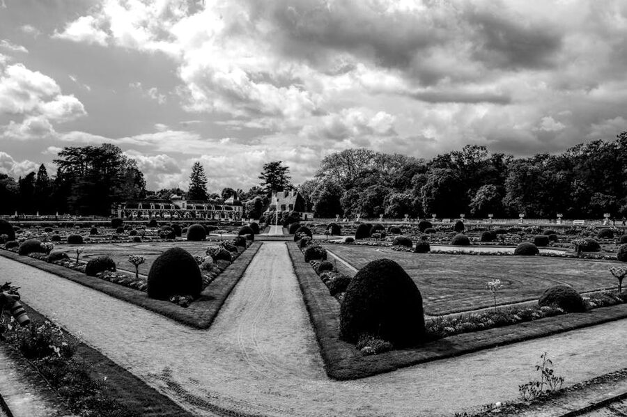 Black and white view of the gardens at Chateau de Chenonceau