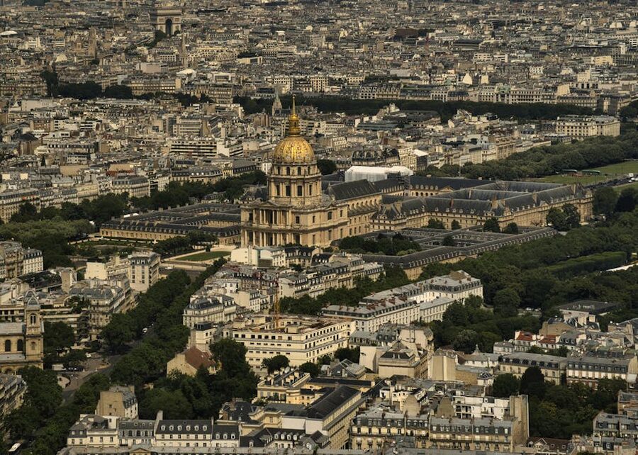 Aerial view of the Invalides complex with the gilded dome and the parade ground