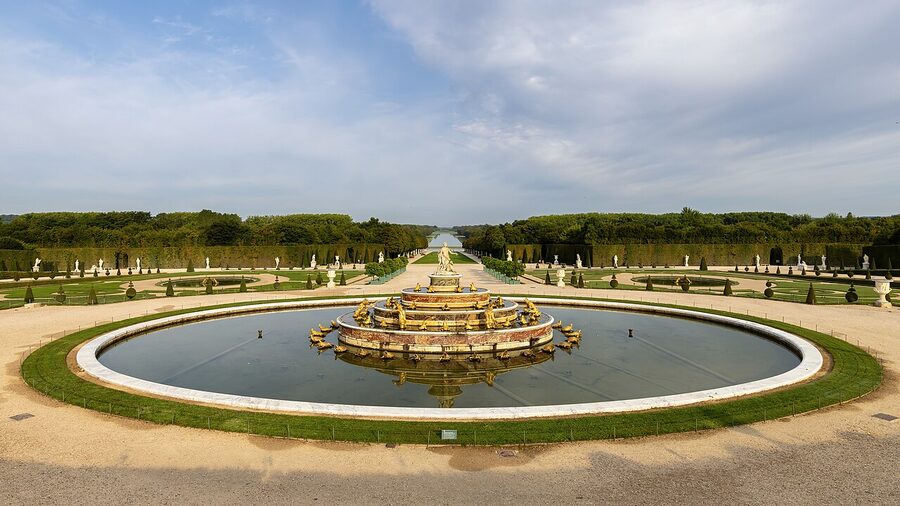 Latona Fountain at Versailles with the Tapis Vert and Grand Canal stretching west
