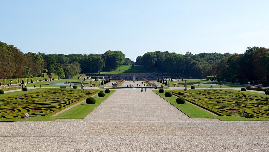 The formal gardens of Vaux-le-Vicomte stretching south from the chateau toward the Hercules statue