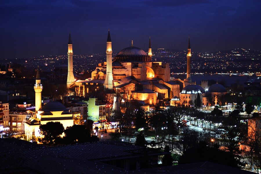 Hagia Sophia exterior illuminated at night in Istanbul