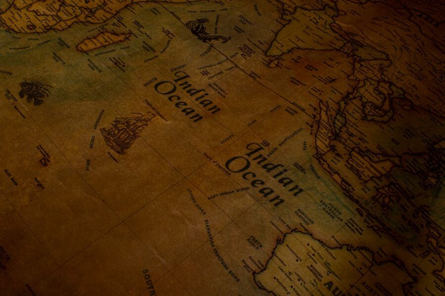 Vintage map showing the Indian Ocean and surrounding regions