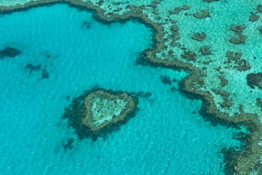 Aerial view of the heart-shaped Heart Reef on the Great Barrier Reef
