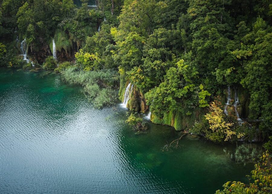 Aerial view of Plitvice Lakes waterfalls, Croatia
