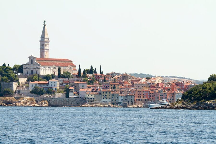 Rovinj waterfront with church and colourful buildings, Istria