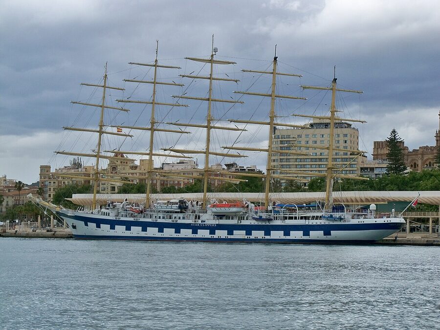 The Royal Clipper, a five-masted barque, in Malaga harbour