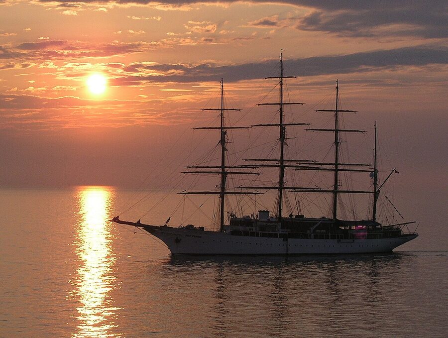 The Sea Cloud, the original 1931 four-masted barque, at sunrise near Venice