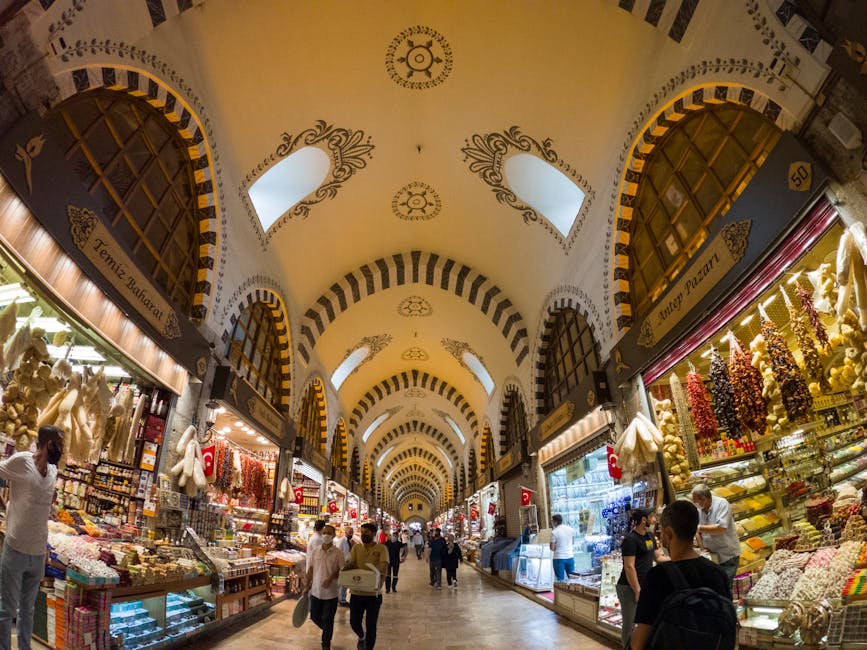 Lit archway interior of Istanbul's Spice Bazaar