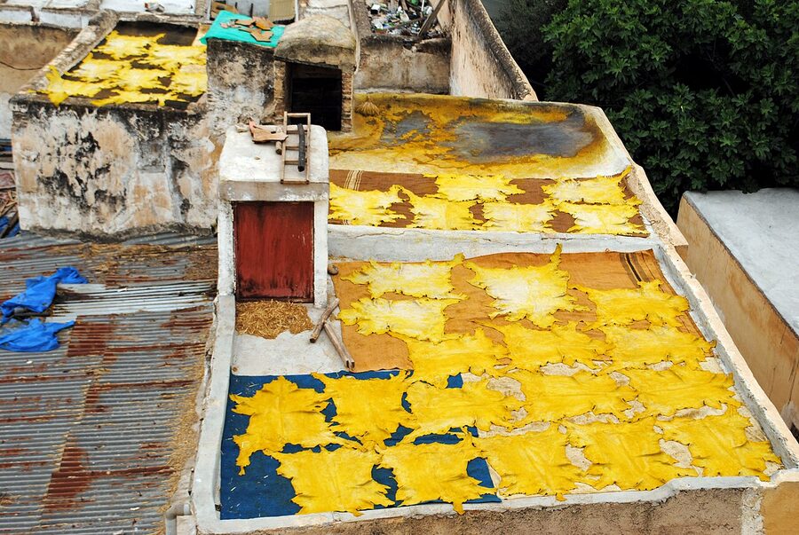 The Chouara Tannery in Fez seen from above with circular dye pits