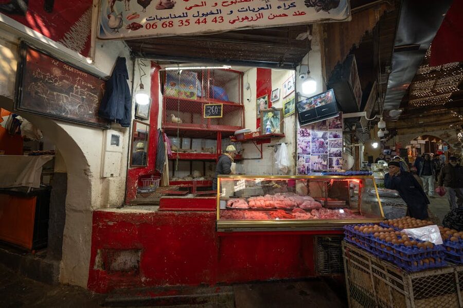 Inside the Fez medina, narrow alley with traditional shops