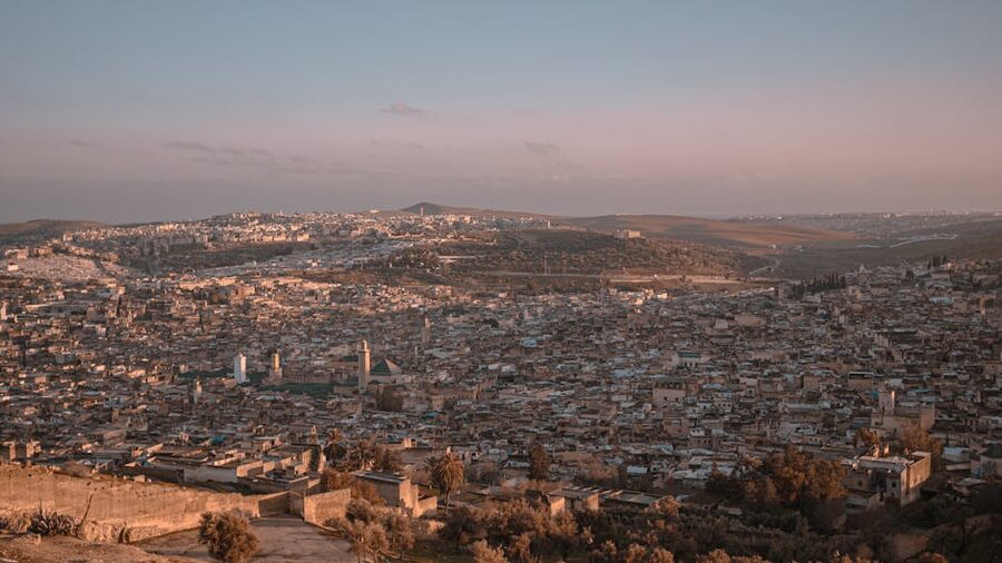 Aerial view over the Fez medina rooftops