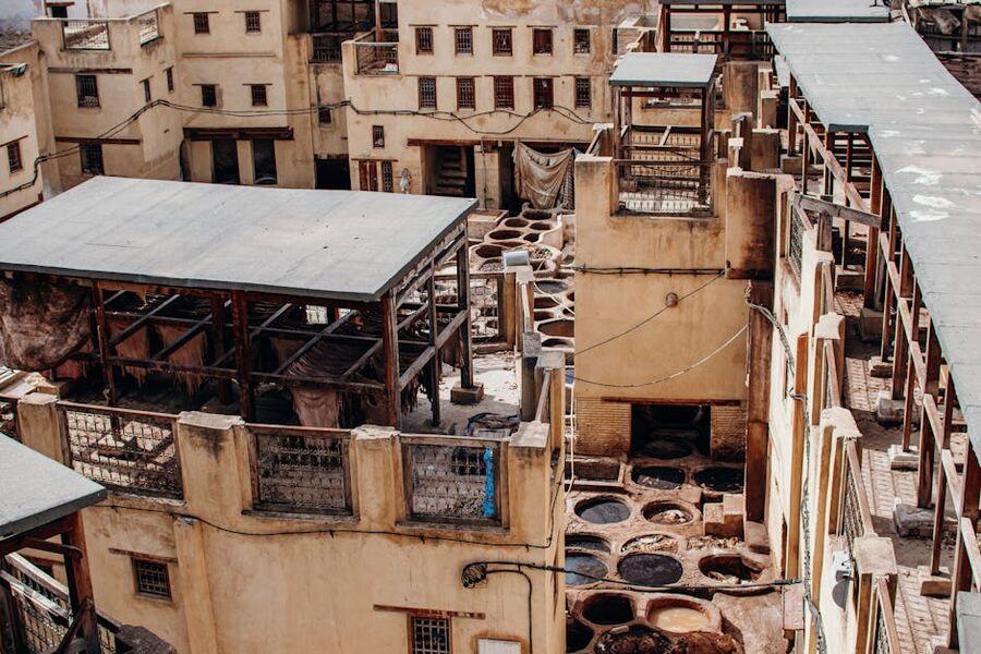 Aerial view of the Chouara Tannery dye pits in Fez