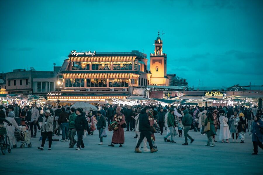 Jemaa el-Fnaa square at dusk in Marrakech