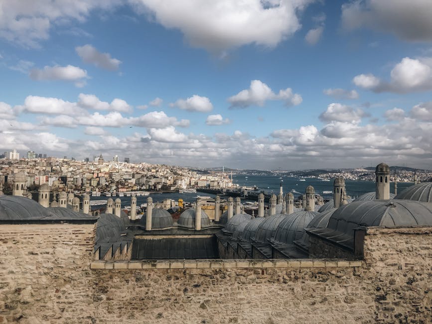 Aerial view of Suleymaniye Mosque domes over the Istanbul cityscape and Bosphorus