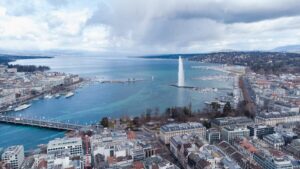 Aerial view of Lake Geneva with Jet d'Eau and surrounding cityscape