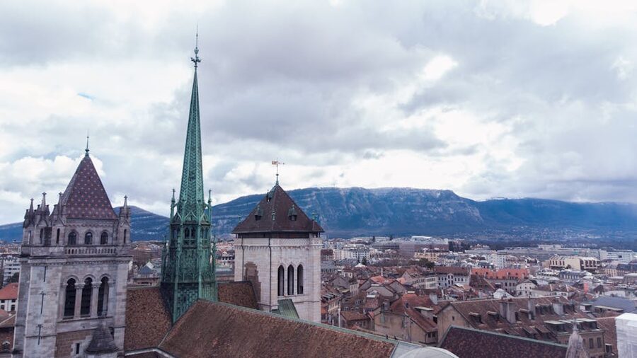 St Pierre Cathedral Geneva from above with mountain backdrop